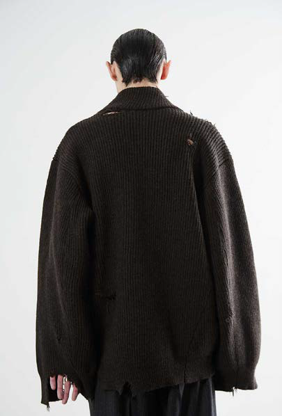 Hed Mayner Destroyed Shawl Collar Sweater Dark Brown