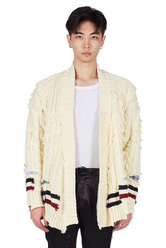 Greg Lauren Cable Knitted Scrapwork Kimono Ivory